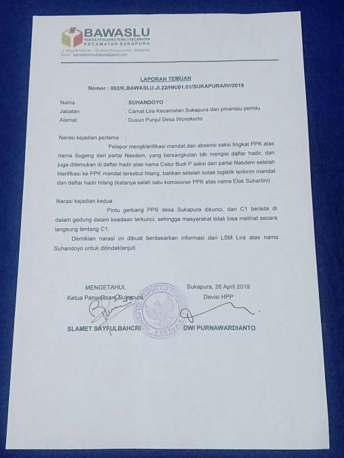 Surat Mandat Saksi Hilang Camat Lira Sukapura Laporkan Ppk
