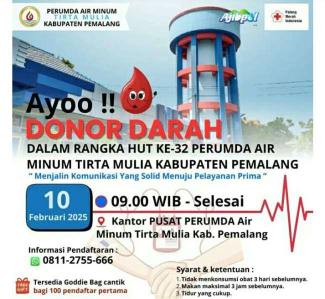 HUT Ke – 32 PDAM Tirta Mulia Pemalang Gelar Donor Darah Serta Discont Pemasangan Jaringan